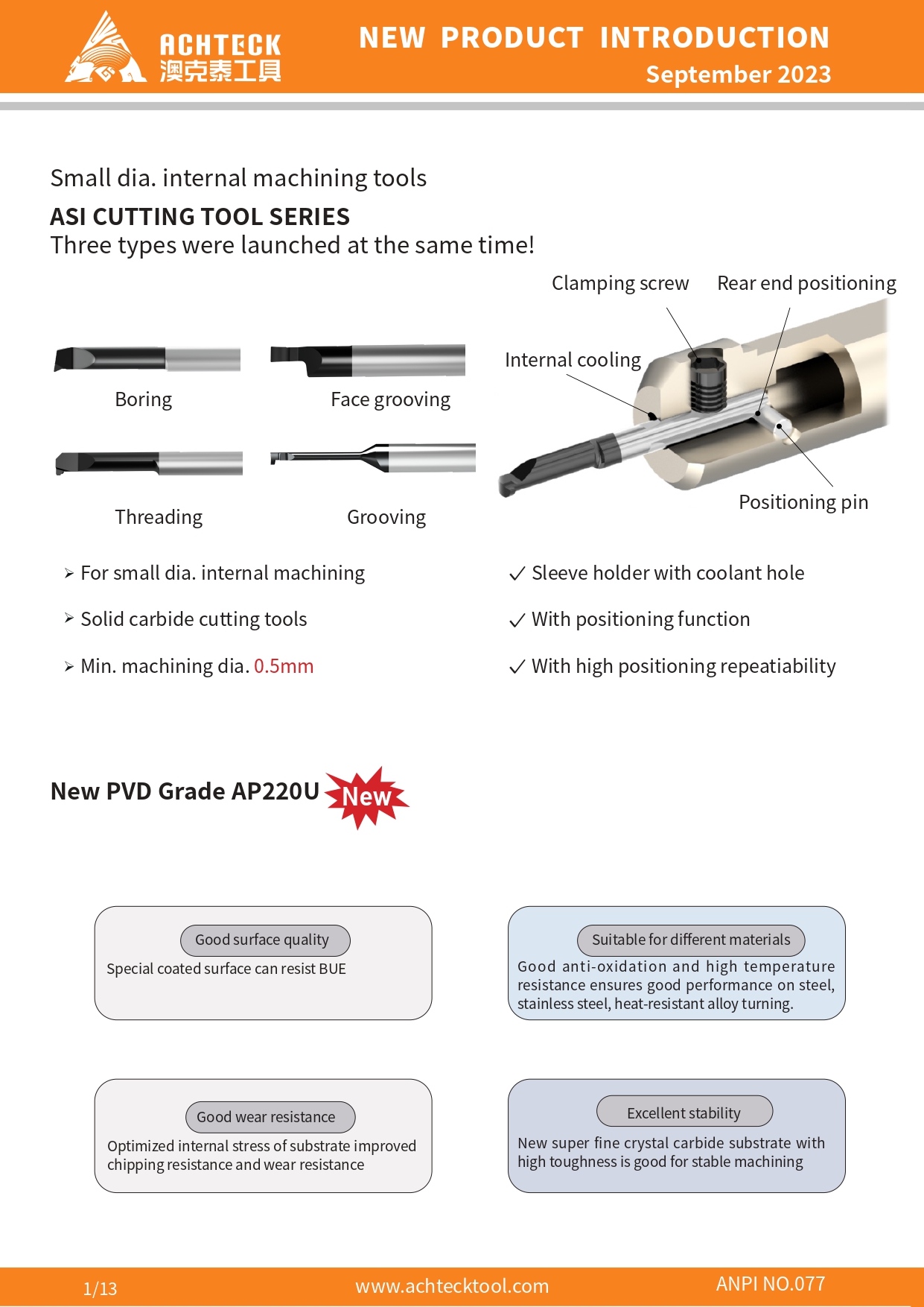 Small dia. internal machining tools ASI CUTTING TOOL SERIES